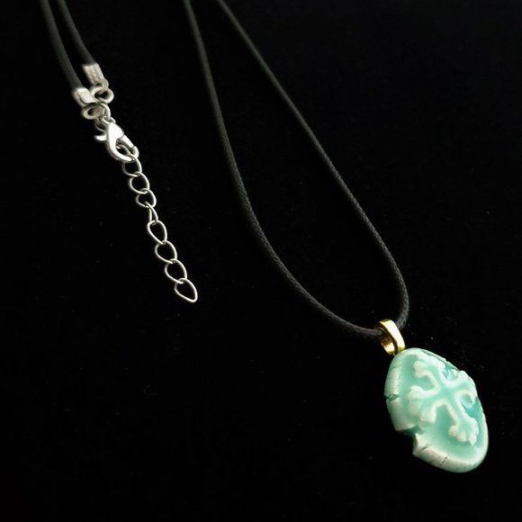 Handmade Ceramic Aqua Green Fleur De Lis Cross Pendant Necklace - Picture 5 of 14